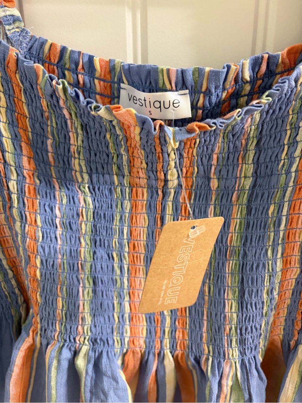 NWT Vestique Emily Striped Smocked Peasant Top Peplum S Boho Festival - Picture 4 of 6